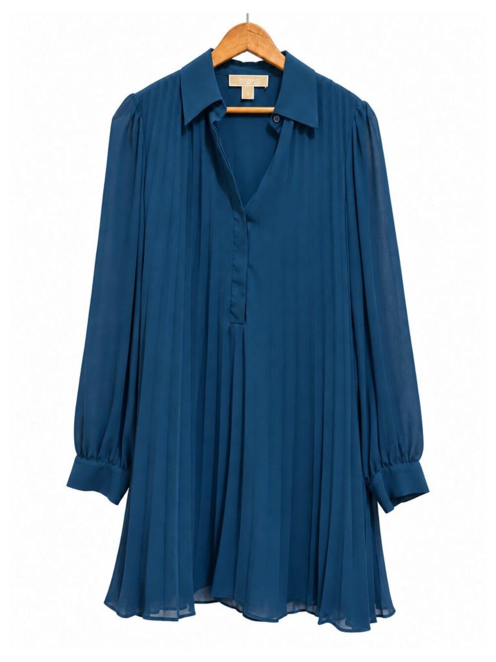 MICHAEL Michael Kors Blue Pleated Long Sleeve Collared Swing Shirt Dress Size 8